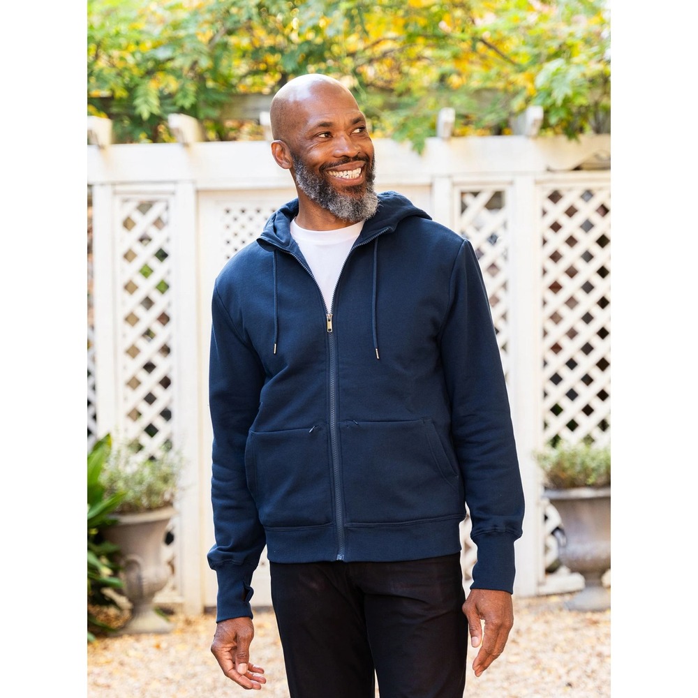 Scottevest Mens Navy Blue Full Zip Cotton Hoodie 21 Pockets Travel Jacket -Large